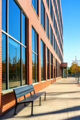 Obraz premium Urban sidewalk featuring a modern brick building with large glass windows and a solitary bench on a clear sunny day in autumn