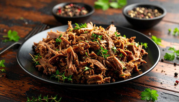 Shredded beef meat with green herbs and spices. Tasty food. Delicious meal. Cooking and culinary