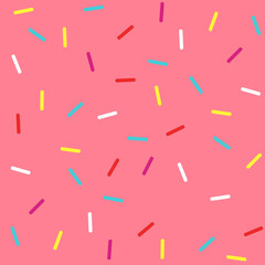 Donut sprinkles confetti retro sweet candy background. Cute pink dessert decoration colorful sprinkle elements. Birthday, party