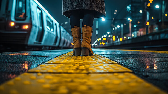 A person standing on a city train platform at night with a train arriving in the background - Powered by Adobe