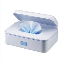 A white, modern tissue box with a lid, dispensing a blue tissue partially pulled out, designed for convenience and hygiene.