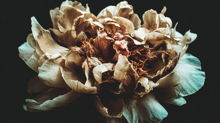 Beautiful bouquet of different flowers on black background. Floral card design with dark vintage effect.