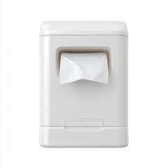 A white, modern tissue dispenser with a single tissue partially pulled out, designed for hygienic and convenient access.