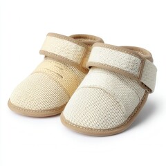 Soft, breathable beige baby shoes with a textured fabric design and adjustable velcro straps for a comfortable fit.