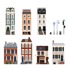 Set of isolated houses with traffic light, sign, street lamp, trash bin.