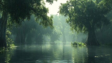 Misty Green Swamp Forest River Landscape with Rain