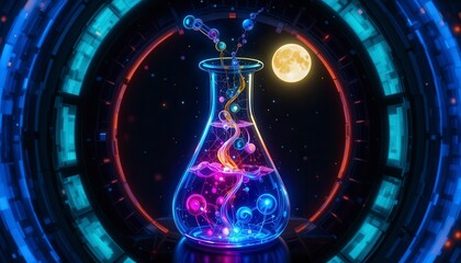 A glowing, futuristic flask filled with colorful swirling particles, set against a digital circular backdrop with a glowing moon in the background.