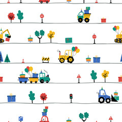 Seamless vector pattern with cute cars carrying balloons and gifts. Playful and cheerful design, perfect for kids' birthdays, textiles, wrapping paper, and celebration themes.