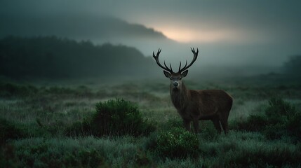Obraz premium Red stag in misty meadow