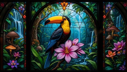 A vibrant stained glass window features a toucan perched on a branch amidst tropical flowers and a lush jungle waterfall background.
