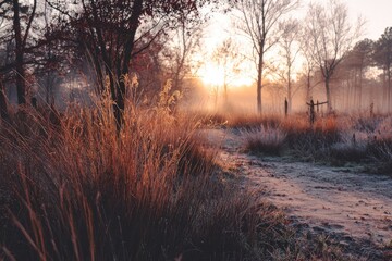 Sunrise through frosty winter forest