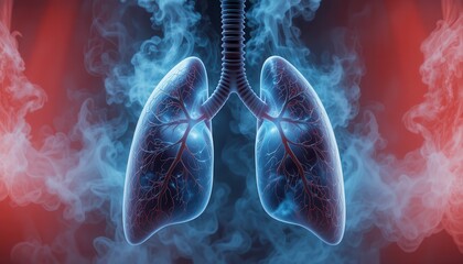 Digital illustration showing human lungs surrounded by blue and red smoke, emphasizing respiratory system and air flow.