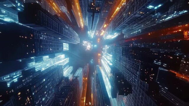 Flying through city skyscrapers at night showcases breathtaking urban architecture and vibrant lights, Fpv of flying through the city skyscrapers during the night, aerial drone point of view