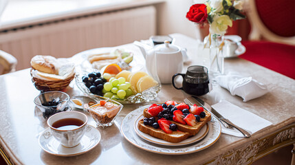 Breakfast served with coffee, orange juice, croissants, cereals and fruits. Balanced diet.