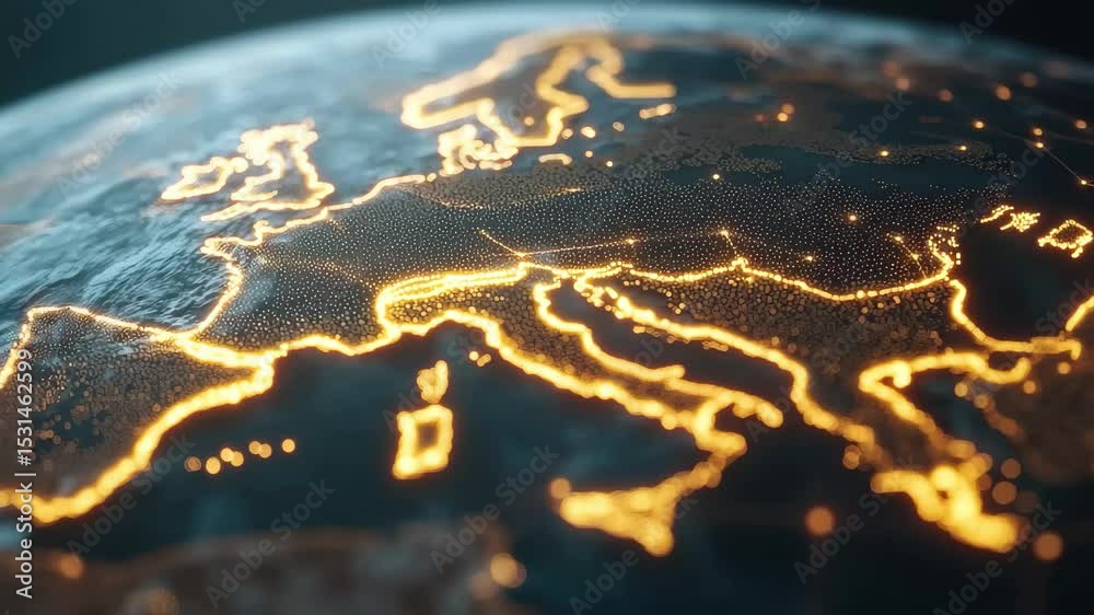 Poster network connections and data processing across europe featured on a glowing globe, globe and data pr