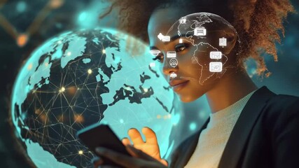 Business professional engages with digital content while surrounded by a global network and technology icons, globe with network and icons over biracial businesswoman using smartphone - Powered by Adobe