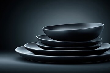 Dark, smooth, ceramic bowls and plates stacked