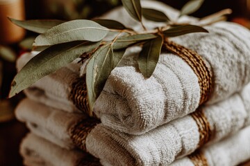 Stacked white towels with eucalyptus leaves and twine