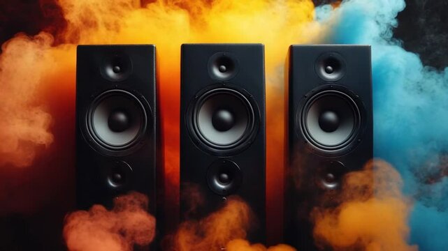Three black studio speakers in a smoky environment