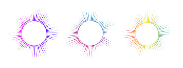 A set of multicolor equalizers made of burst beams . Radial sound, neon sound waves. Music symbol, circular sound waves, digital communication. Vector radial spectrum.