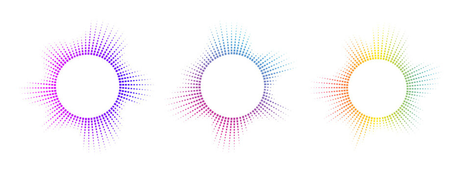 A set of multicolor equalizers made of burst beams . Radial sound, neon sound waves. Music symbol, circular sound waves, digital communication. Vector radial spectrum.