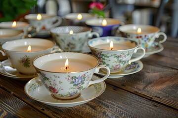 Fototapeta premium A set of hand-poured soy candles in vintage tea cups
