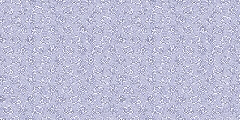 Baby blue doodle sunshine seamless border. Whimsical hand drawn decorative newborn nursery design. Fresh classic simple nordic boy style.