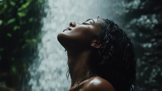Standing under a waterfall, looking up as water cascades down in a serene forest setting, Standing under a waterfall looking up as the water flows over the cliff edge above