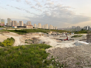 Construction machinery on construction area in Istanbul, Turkey. 