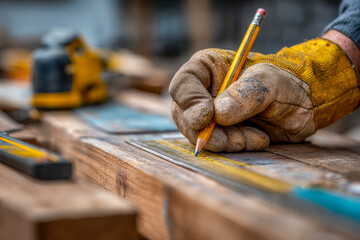 Close-up of a carpenter measuring and marking wood with a pencil in a woodworking workshop