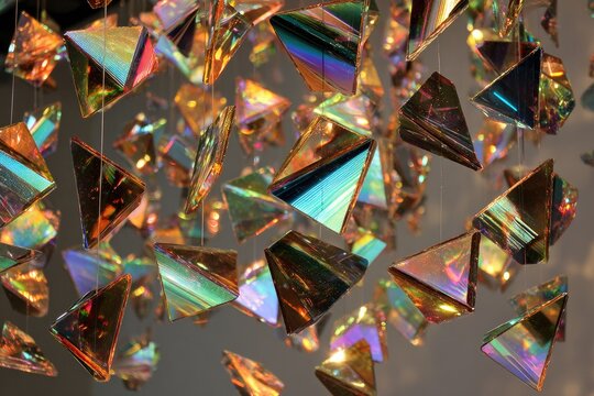 Colorful iridescent triangular prisms hanging from above