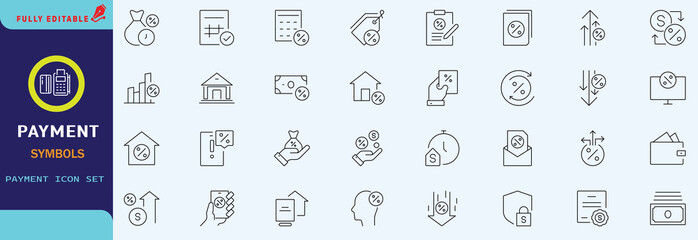 Credit, Loans and Mortgages web icons in outline style. Credit card, deposit, car leasing, rate interest, calculator, income, rating, collection. Editable stroke outline icon