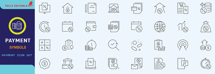 Credit, Loans and Mortgages web icons in outline style. Credit card, deposit, car leasing, rate interest, calculator, income, rating, collection. Editable stroke outline icon