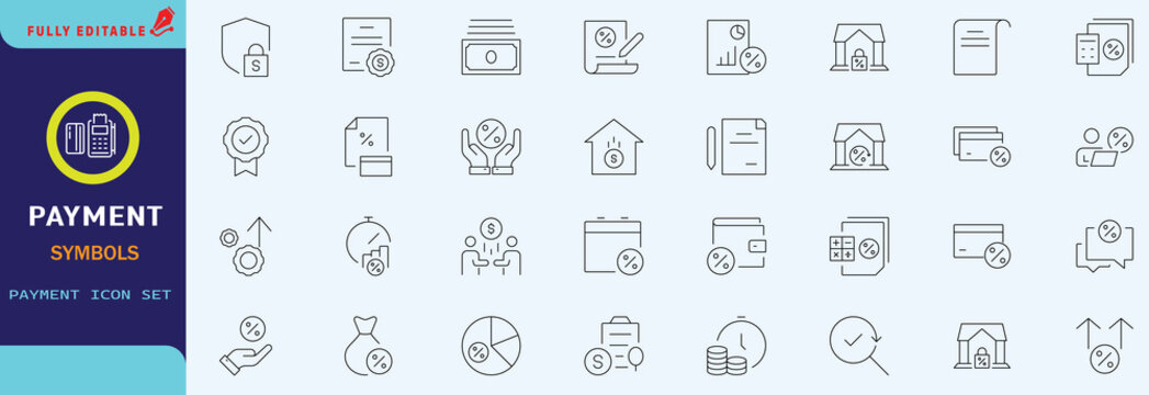 Credit, Loans and Mortgages web icons in outline style. Credit card, deposit, car leasing, rate interest, calculator, income, rating, collection. Editable stroke outline icon