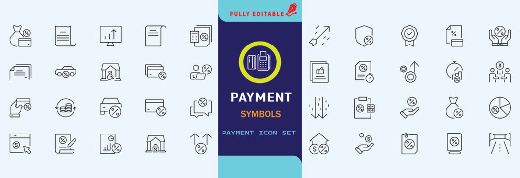 Credit, Loans and Mortgages web icons in outline style. Credit card, deposit, car leasing, rate interest, calculator, income, rating, collection. Editable stroke outline icon