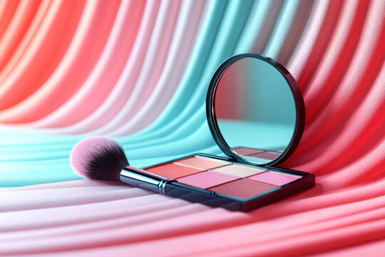 A close-up photo of a vibrant and colorful blush palette with various shades, displaying a range of pinks and peach tones.