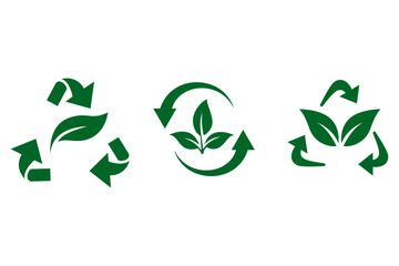 Green recycle icons with leaf elements representing eco sustainability and environmental care