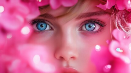 Close-up of girl's blue eyes framed by bright pink petals in soft light. Concept of innocent beauty and nature harmony