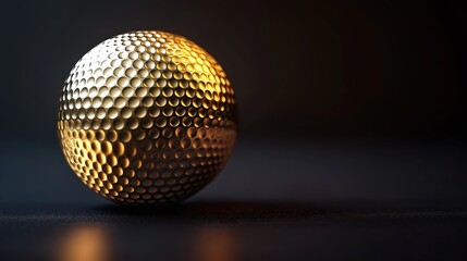 Close-up of golden golf ball on black background with dramatic lighting. Concept of luxury and sports precision