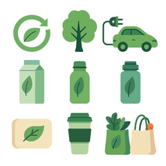 Eco lifestyle icons with electric car reusable bottles green packaging and sustainable shopping