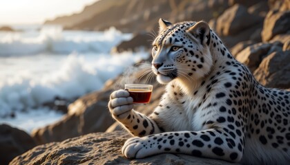  Snow leopard holding cup of coffee on a rocky seaside with waves in background. Concept of anthropomorphic humor and wilderness