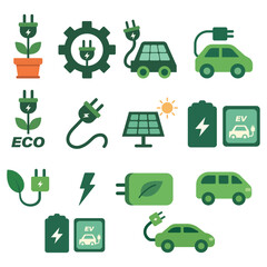 Electric vehicle icon set with plug battery solar panel and eco-friendly energy symbols