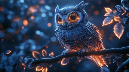  Glowing blue owl with luminous eyes perched on a branch at night with fairy lights. Concept of magical forest creature
