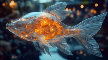  Glowing goldfish with translucent fins swimming in dark water illuminated by city lights. Concept of magical underwater fantasy