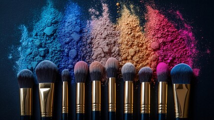 Makeup brushes standing upright in front of a rainbow gradient of colorful powder on a dark studio background. Concept of beauty and cosmetic artistry