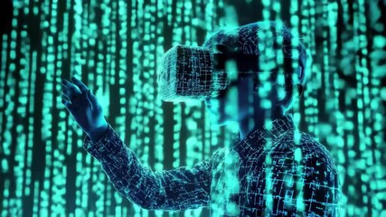 Caucasian schoolboy engages in immersive data processing with virtual reality headset, data processing over caucasian schoolboy using vr headset - Powered by Adobe