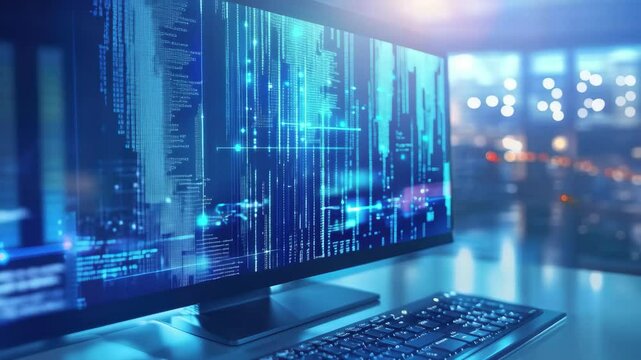 Data processing on computer screen with blue coding and digital displays at night in modern office, data processing and statistics over computer on office desk on blue background