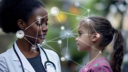 Connections in healthcare representation highlighting unity in the African American community, network of connections with icons over african american female doctor - Powered by Adobe