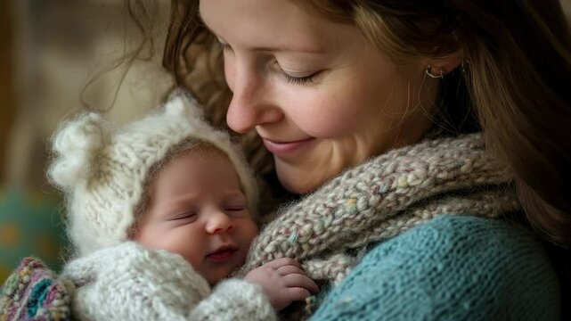 Happy mother holds her newborn baby angel in a cozy, warm environment, happy mom comforting her newborn baby angel