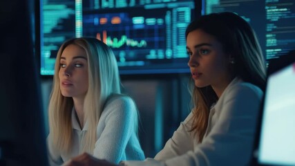 Diverse female colleagues engaged in financial data processing within a modern office environment, financial data processing over diverse female colleagues discussing work in office - Powered by Adobe